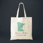 Minnesota Wedding Welcome Tote Bag<br><div class="desc">Welcome out of town wedding guests with a bag full of snacks and treats personalised with the state where you're getting married and the bride and groom's names and wedding date. Click Customise It to move the heart to show any city or location on the state map. Use the design...</div>