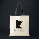 Minnesota Wedding Welcome Tote Bag<br><div class="desc">Welcome out of town wedding guests with a bag full of snacks and treats personalised with the state where you're getting married and the bride and groom's names and wedding date. Click Customise It to move the heart to show any city or location on the state map. Use the design...</div>