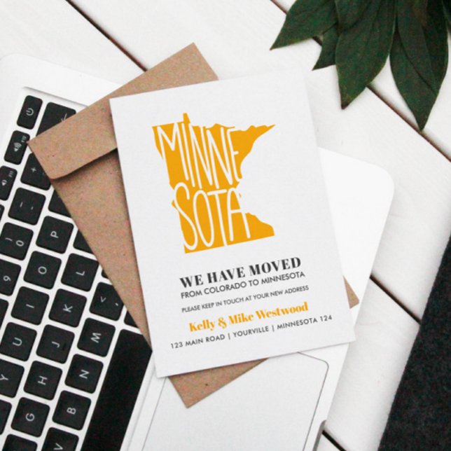 MINNESOTA We've moved New address New Home Postcard (MINNESOTA MAP IN YELLOW OR ANY COLOR TO ANNOUNCE MOVING OR RELOCATION)