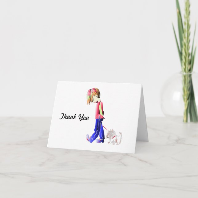 Minnie-me! Boy walking Westie Dog Art Thank You Card (Front)