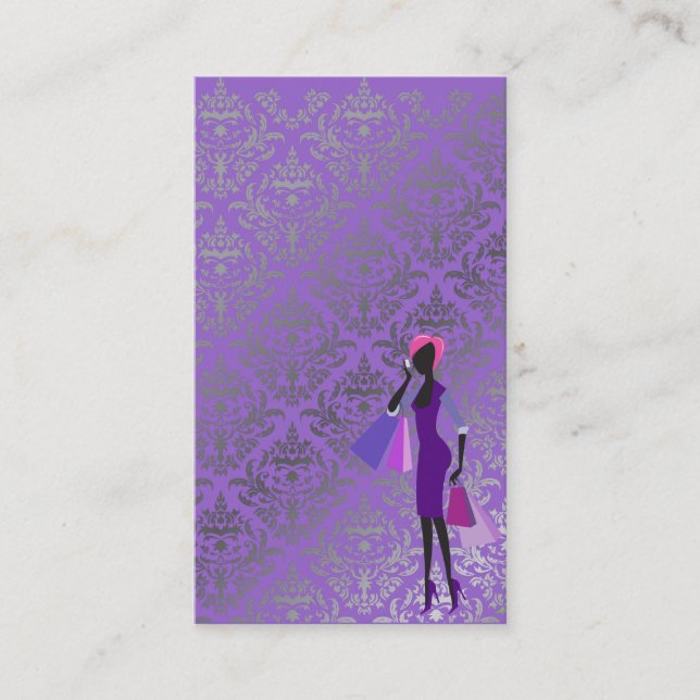 minniemay purple grey damask fashionista business card (Front)