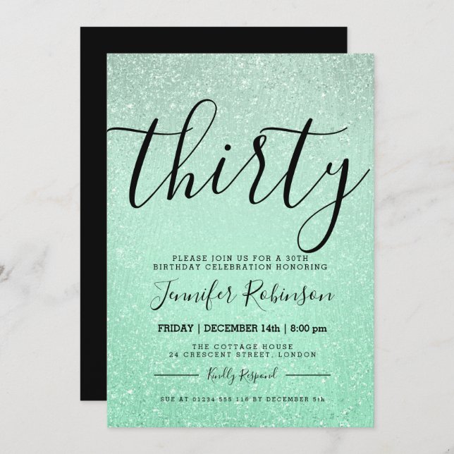 Mint 30th Birthday Simple + Modern Glitter Paint Invitation (Front/Back)