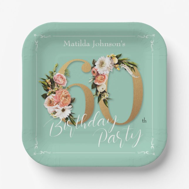 Mint 60th Birthday Gold Text Floral Pretty Custom  Paper Plate (Front)