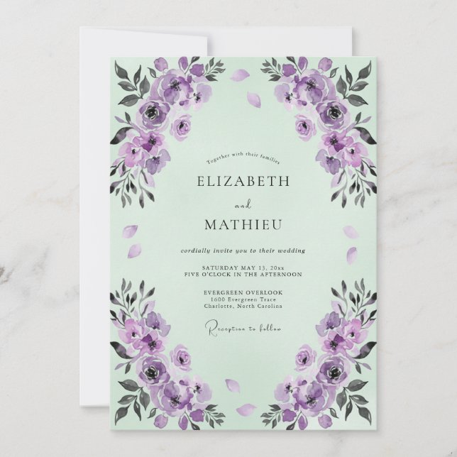 Mint Amethyst Watercolor Wedding Invitation (Front)
