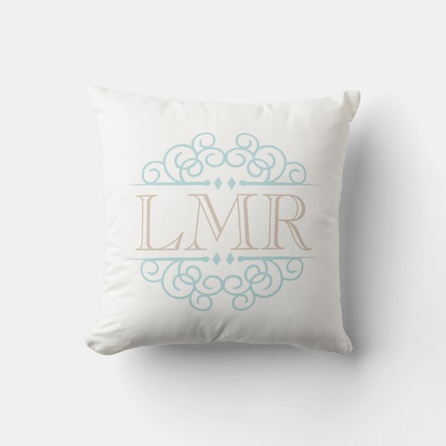 Mint and Beige Vintage Frame Monogrammed Cushion (Front)