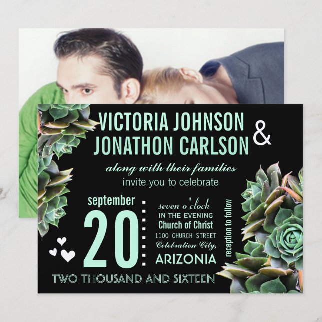 Mint and Black Your Photo Succulent Modern Wedding Invitation (Front/Back)