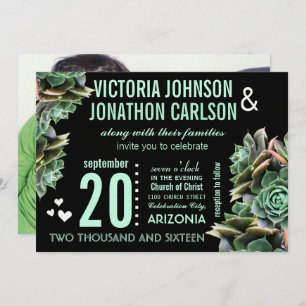 Mint and Black Your Photo Succulent Modern Wedding Invitation