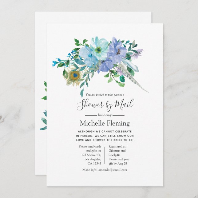 Mint and Blue Boho Baby or Bridal Shower by Mail Invitation (Front/Back)