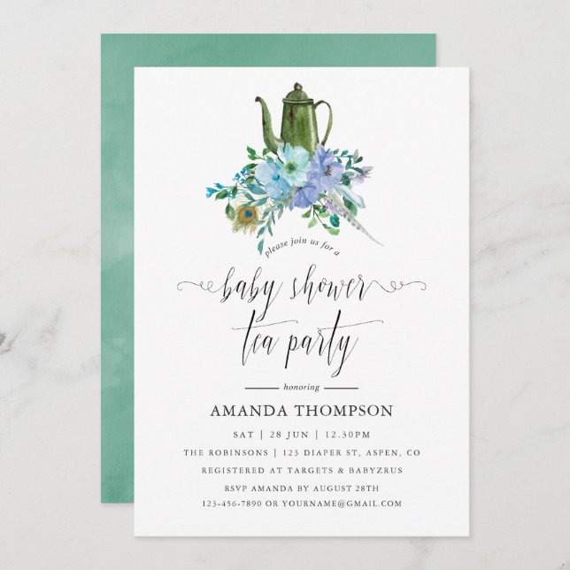Mint and Blue Boho Baby Shower Tea Party Invitation (Front/Back)