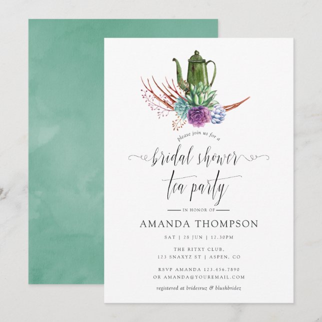 Mint and Blue Boho Bridal Shower Tea Party Invitation (Front/Back)