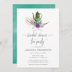Mint and Blue Boho Bridal Shower Tea Party Invitation