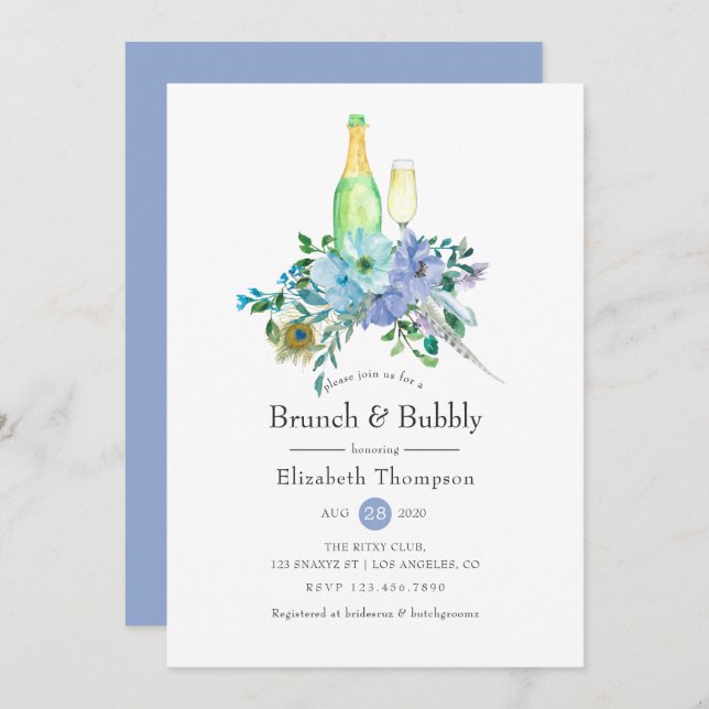 Mint and Blue Boho Brunch and Bubbly Bridal Shower Invitation (Front/Back)
