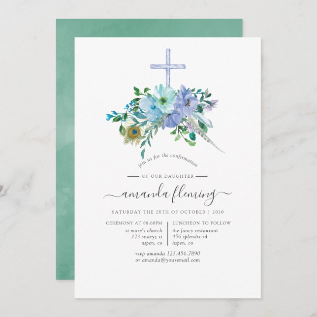 Mint and Blue Boho Confirmation Invitation (Front/Back)