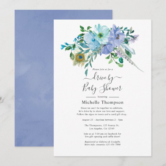 Mint and Blue Boho Drive By Bridal or Baby Shower Invitation (Front/Back)