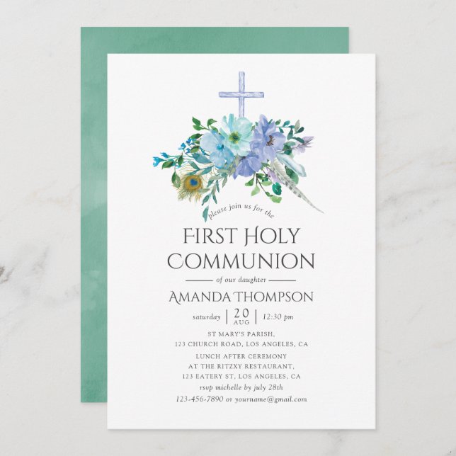 Mint and Blue Boho First Holy Communion Invitation (Front/Back)