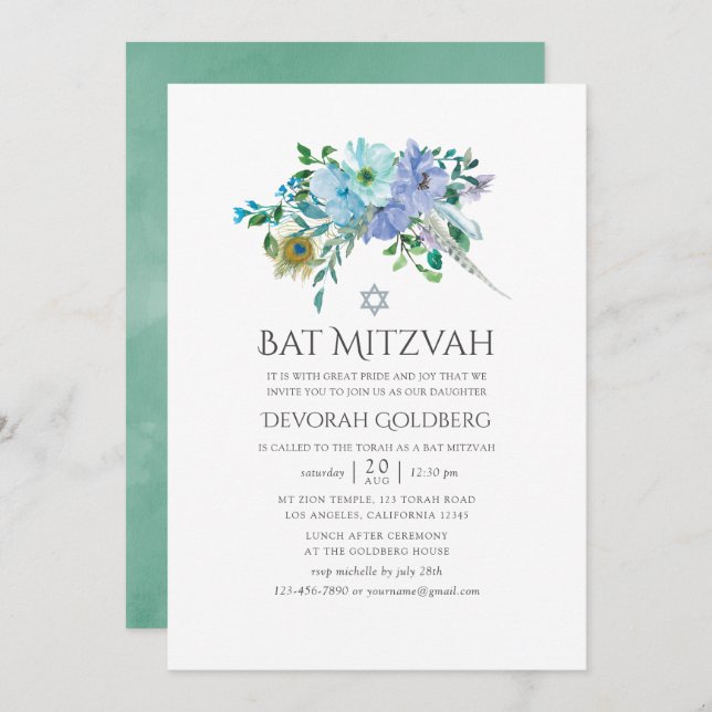 Mint and Blue Boho Floral Bat Mitzvah Invitation (Front/Back)
