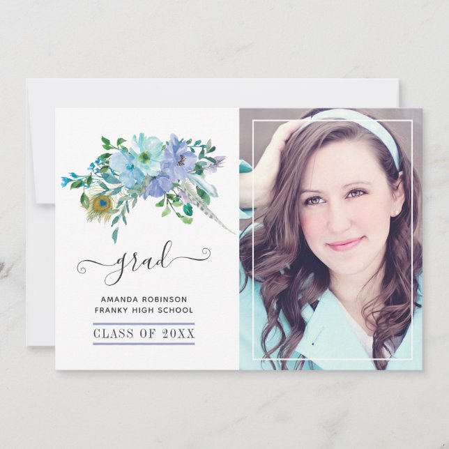 Mint and Blue Boho Floral Graduation Photo Announcement (Front)
