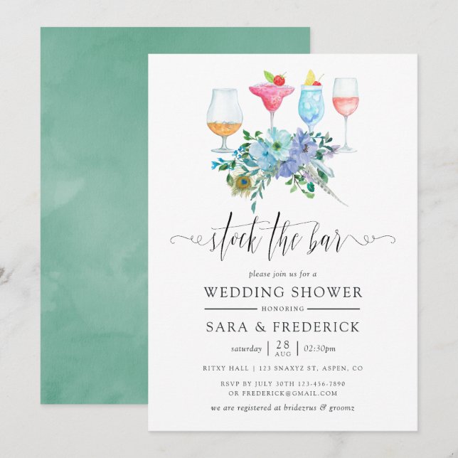 Mint and Blue Boho Floral Stock the Bar Invitation (Front/Back)