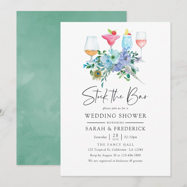 Mint and Blue Boho Floral Stock the Bar Invitation (Front/Back)