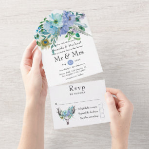 Mint and Blue Boho Floral Wedding All In One Invitation