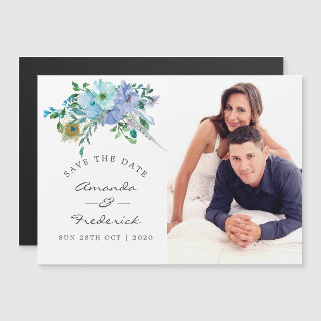 Mint and Blue Boho Floral Wedding Save the Date Magnetic Invitation (Front/Back)