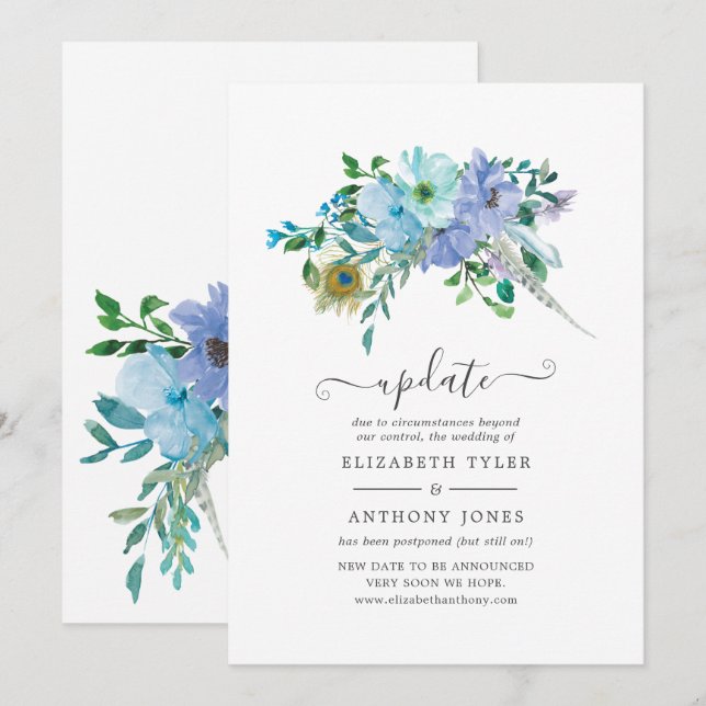Mint and Blue Boho Floral Wedding Update Invitation (Front/Back)
