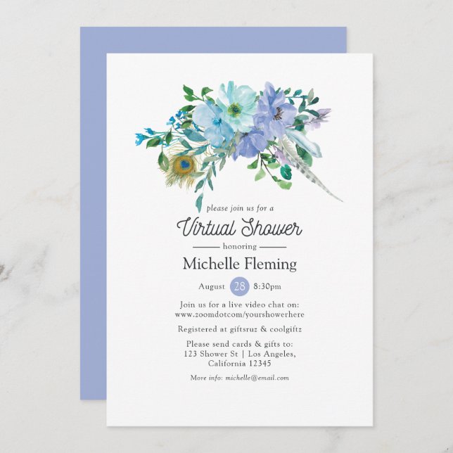 Mint and Blue Boho Virtual Bridal or Baby Shower Invitation (Front/Back)