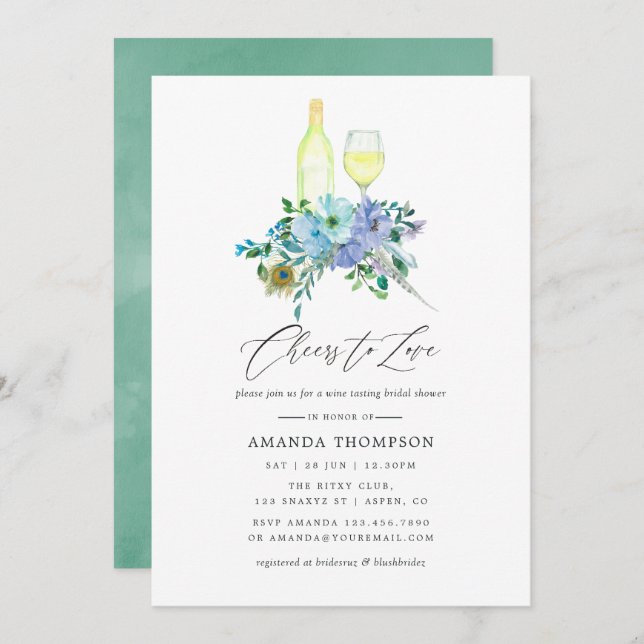 Mint and Blue Boho Wine Tasting Bridal Shower Invitation (Front/Back)