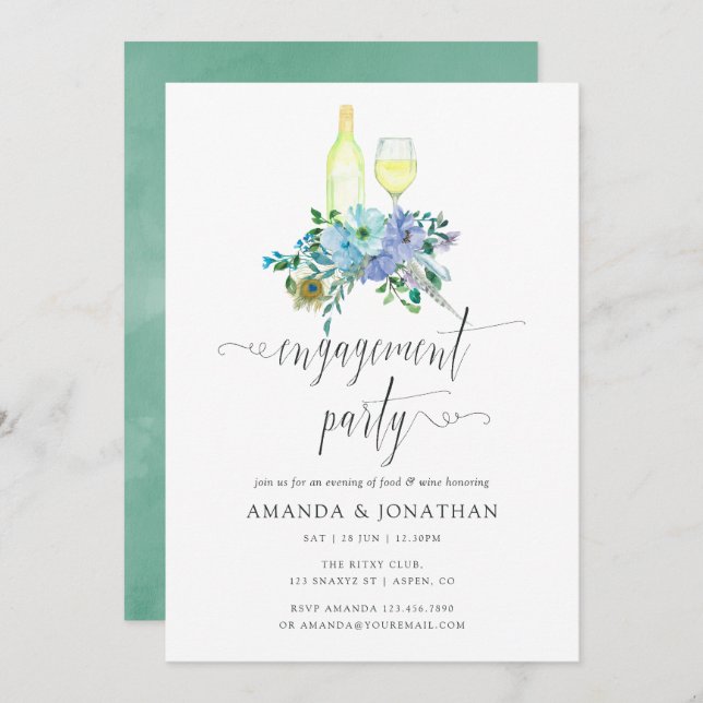 Mint and Blue Boho Wine Tasting Engagement Party Invitation (Front/Back)