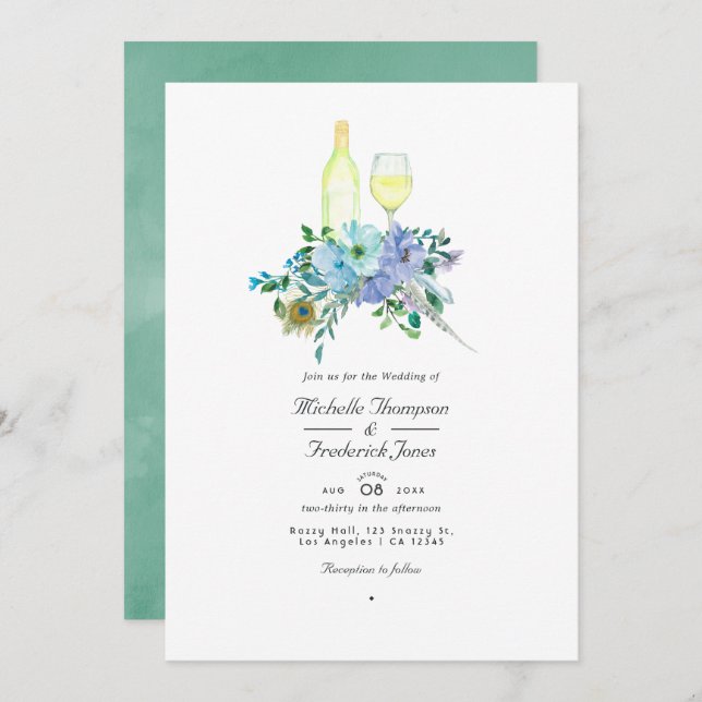 Mint and Blue Boho Wine Tasting QR Code Wedding Invitation (Front/Back)
