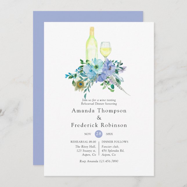 Mint and Blue Boho Wine Tasting Rehearsal Dinner Invitation (Front/Back)