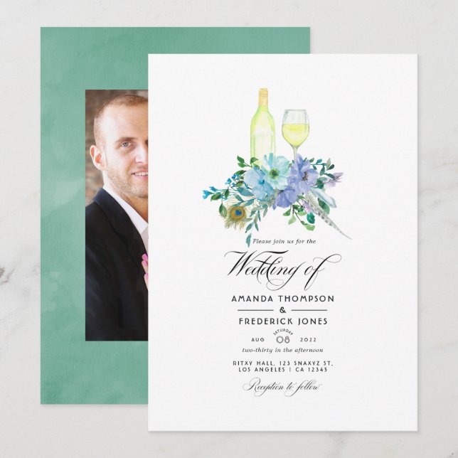Mint and Blue Boho Wine Tasting Wedding Invitation (Front/Back)