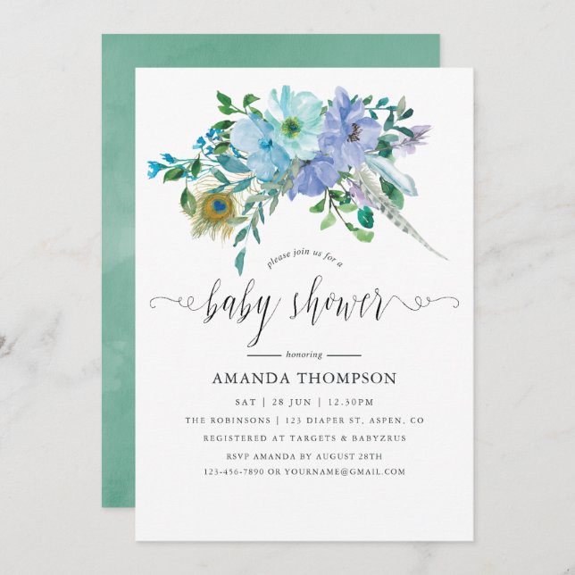 Mint and Blue Watercolor Boho Baby Shower Invitation (Front/Back)