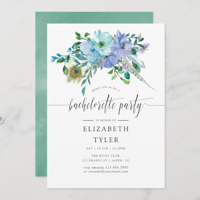 Mint and Blue Watercolor Boho Bachelorette Party Invitation (Front/Back)
