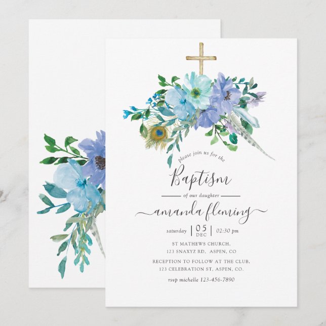 Mint and Blue Watercolor Boho Floral Baptism Invitation (Front/Back)