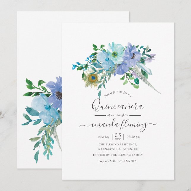 Mint and Blue Watercolor Boho Floral Quinceañera Invitation (Front/Back)