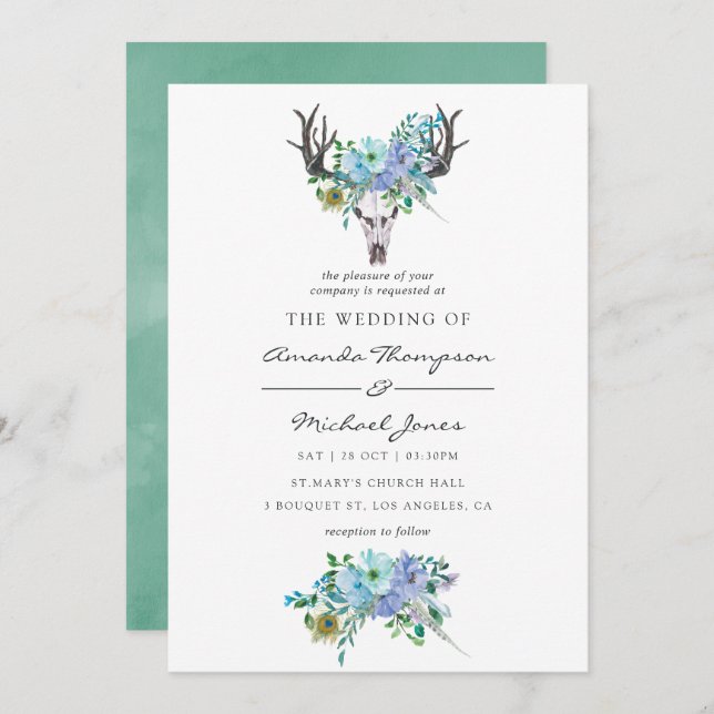 Mint and Blue Watercolor Boho Floral Wedding Invitation (Front/Back)