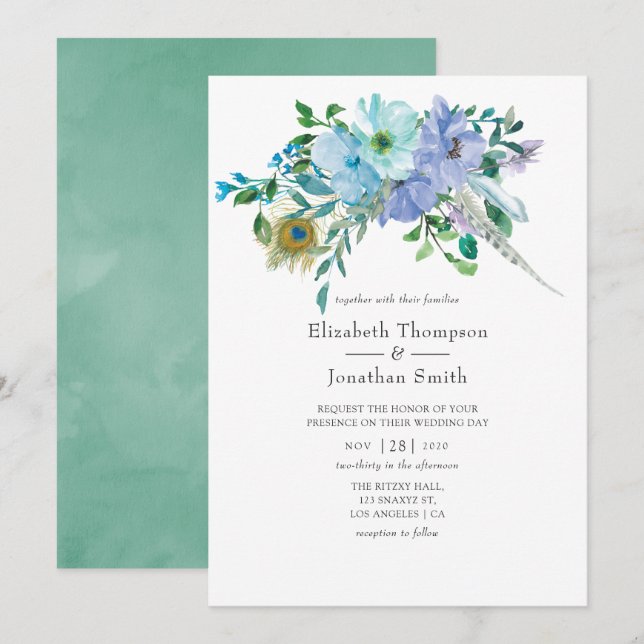Mint and Blue Watercolor Boho Floral Wedding Invitation (Front/Back)