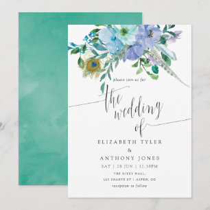 Mint and Blue Watercolor Boho Floral Wedding Invitation