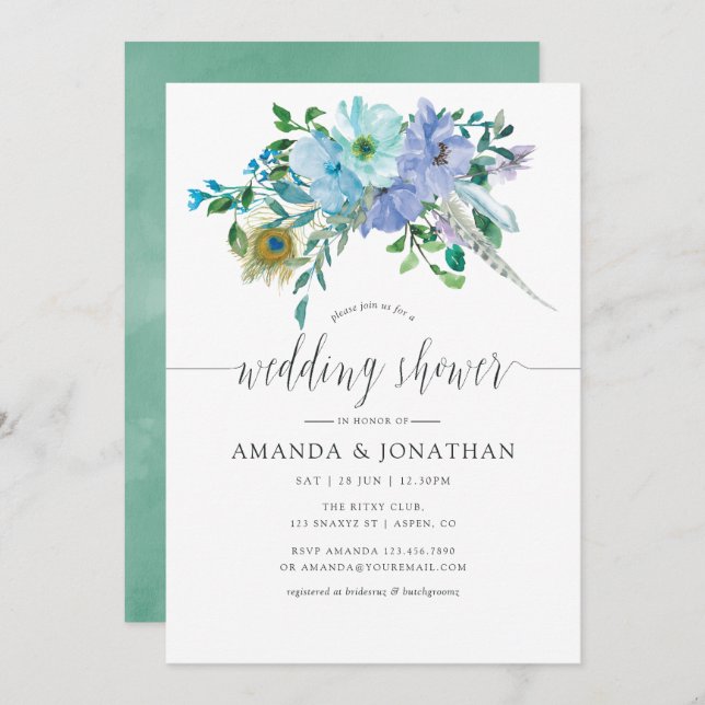 Mint and Blue Watercolor Boho Wedding Shower Invitation (Front/Back)