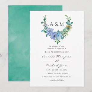 Mint and Blue Watercolor Floral Wedding Invitation