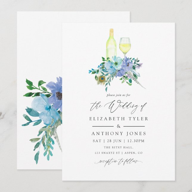 Mint and Blue Watercolor Floral Wedding Invitation (Front/Back)