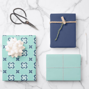 Mint and Blue Wrapping Paper Flat Sheet Set of 3