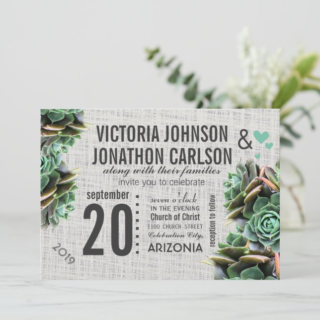 Mint and Burlap Succulent Modern Wedding Invitation (Standing Front)