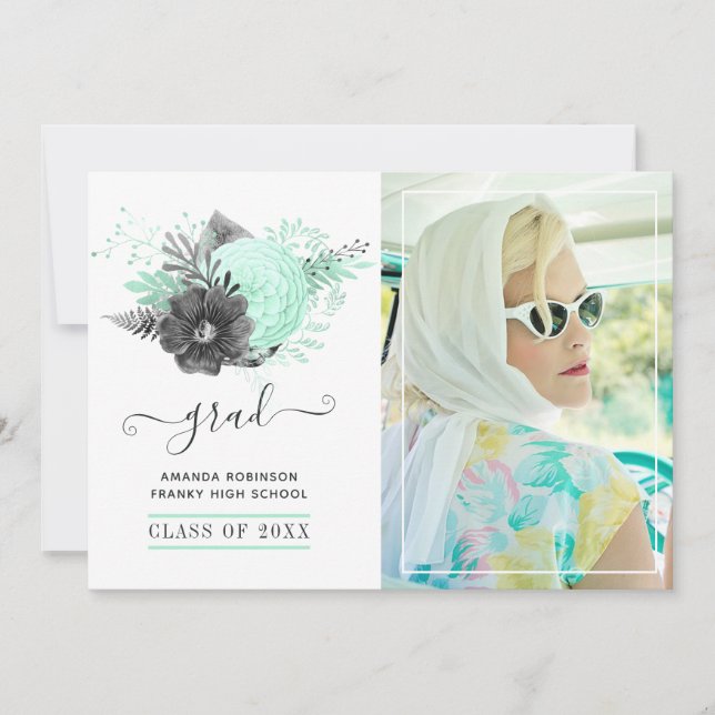 Mint and Charcoal Floral Rustic Graduation Photo Announcement (Front)