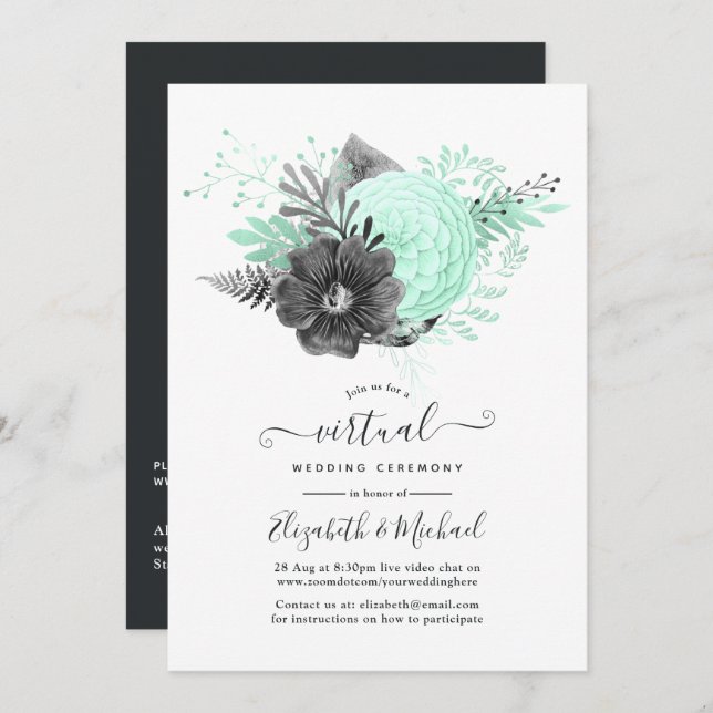 Mint and Charcoal Floral Rustic Virtual Wedding Invitation (Front/Back)