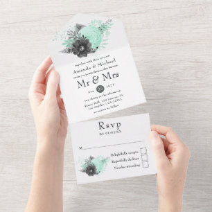 Mint and Charcoal Floral Rustic Wedding All In One Invitation