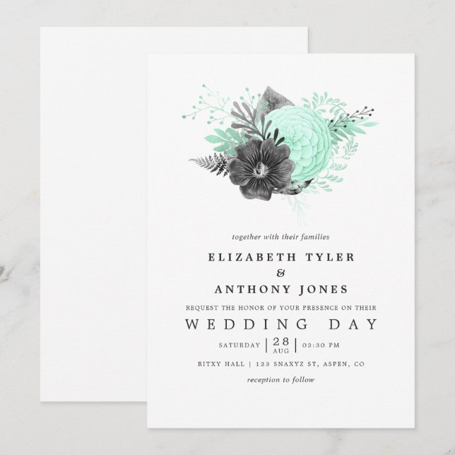 Mint and Charcoal Floral Rustic Wedding Invitation (Front/Back)