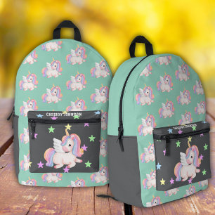 Mint and charcoal rainbow unicorn name  printed backpack