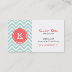Mint and Coral Chevron Custom Monogram Business Card